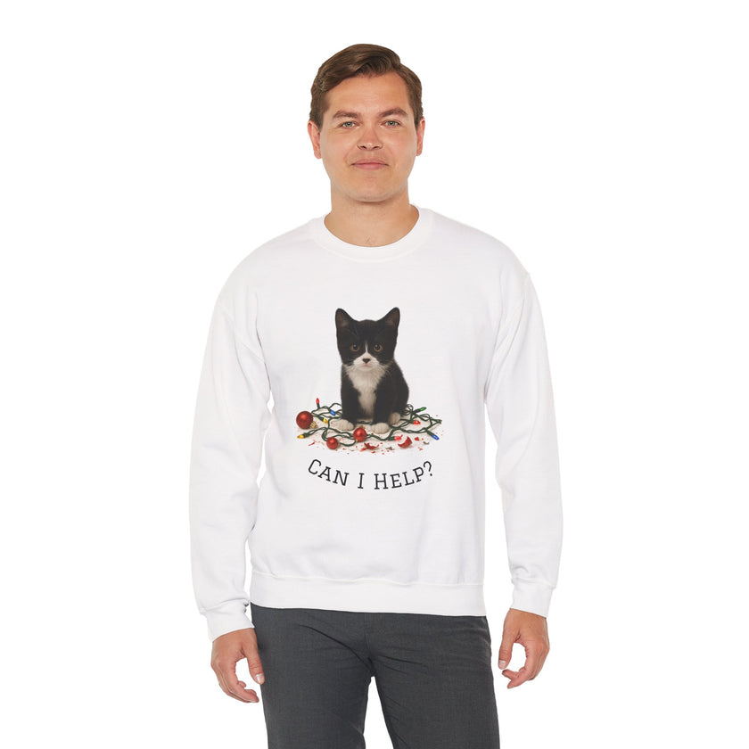 Person wearing a white sweatshirt with a cat graphic and text on a white background