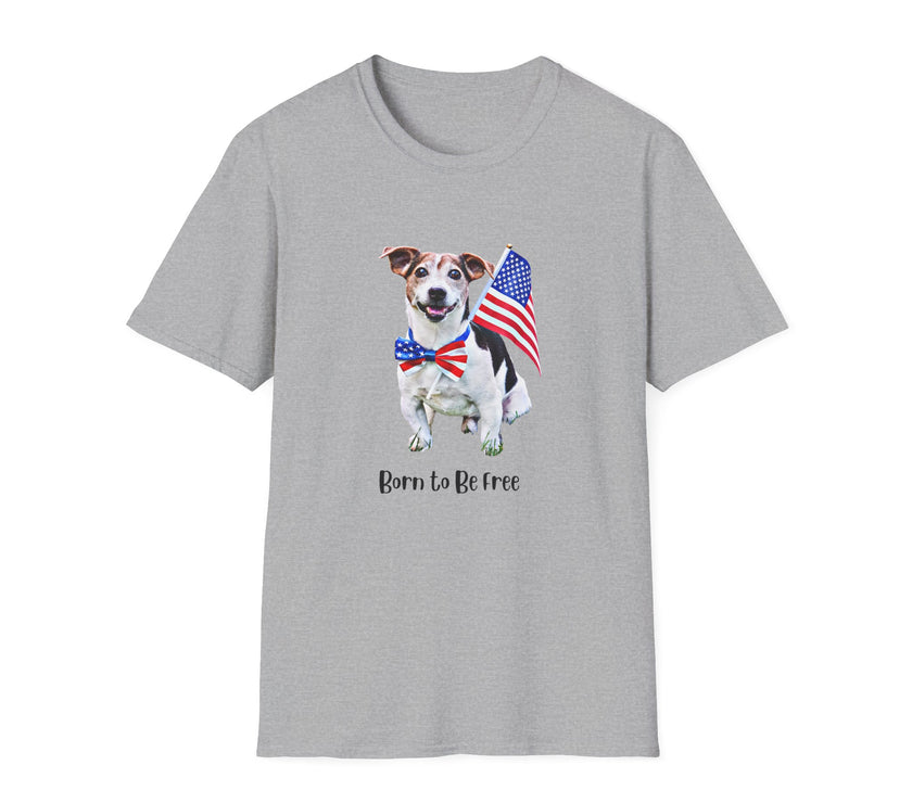 T-shirt featuring a cute  puppy wearing an American flag bow tie and holding a small U.S. flag, with the phrase 'Born to Be Free' printed below the image.