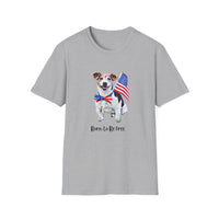 T-shirt featuring a cute  puppy wearing an American flag bow tie and holding a small U.S. flag, with the phrase 'Born to Be Free' printed below the image.