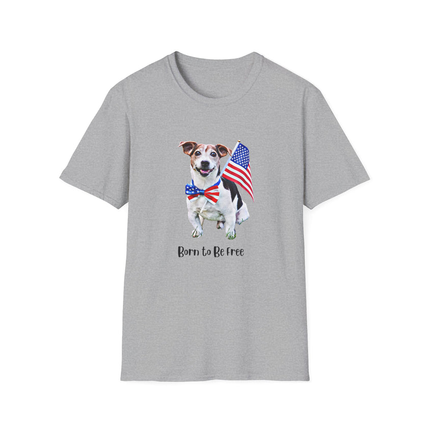 T-shirt featuring a cute  puppy wearing an American flag bow tie and holding a small U.S. flag, with the phrase 'Born to Be Free' printed below the image.