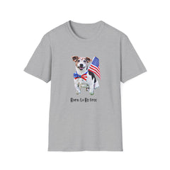 T-shirt featuring a cute  puppy wearing an American flag bow tie and holding a small U.S. flag, with the phrase 'Born to Be Free' printed below the image.