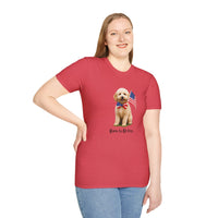 Female wearing T-shirt featuring a cute golden doodle puppy wearing an American flag bow tie and holding a small U.S. flag, with the phrase 'Born to Be Free' printed below the image.