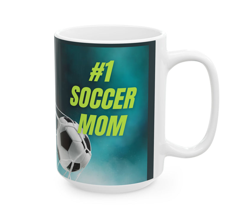 Mug with '#1 Soccer Mom' text and soccer ball design on a teal background