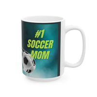 Mug with '#1 Soccer Mom' text and soccer ball design on a teal background