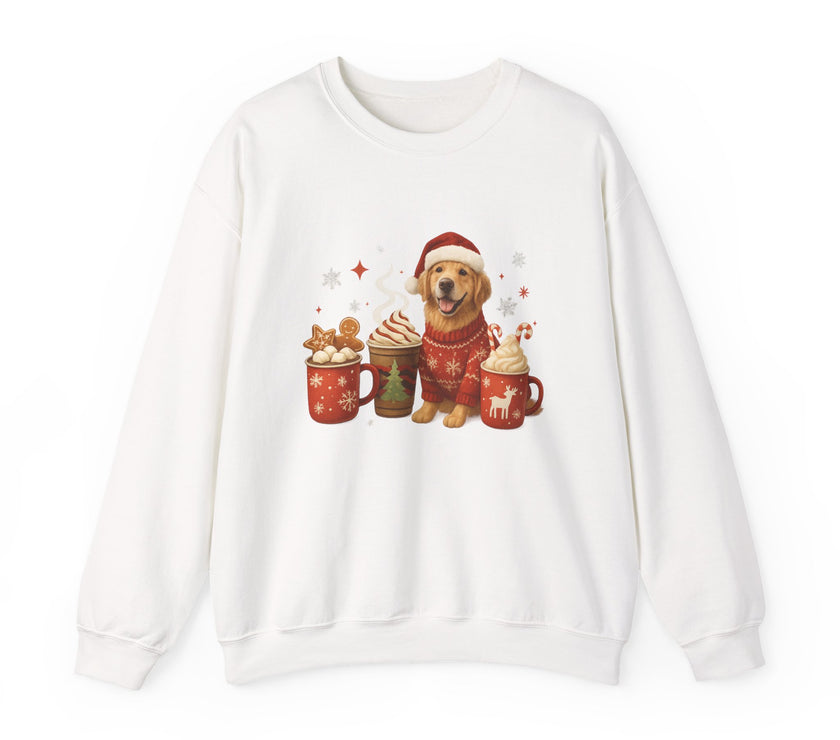 White sweatshirt with a festive dog and mug design on a white background