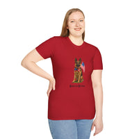 Cherry Red t-shirt featuring a patriotic German Shepherd wearing an American flag bowtie and holding U.S. flags, with the phrase "Born to Be Free" printed below — perfect for dog lovers and patriotic Americans.
