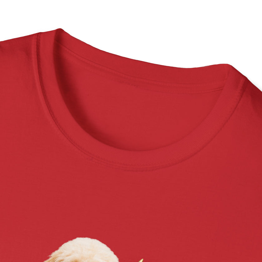 T-shirt featuring a cute golden doodle puppy wearing an American flag bow tie and holding a small U.S. flag, with the phrase 'Born to Be Free' printed below the image.  collar