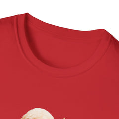 T-shirt featuring a cute golden doodle puppy wearing an American flag bow tie and holding a small U.S. flag, with the phrase 'Born to Be Free' printed below the image.  collar