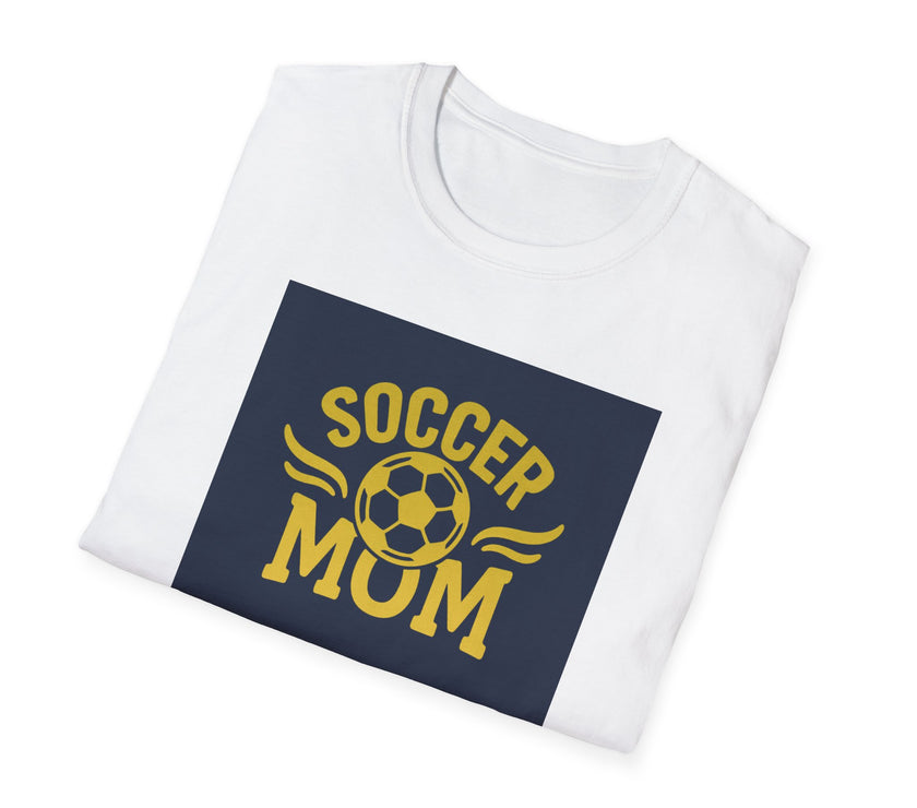 White t-shirt with 'Soccer Mum' design on a white background