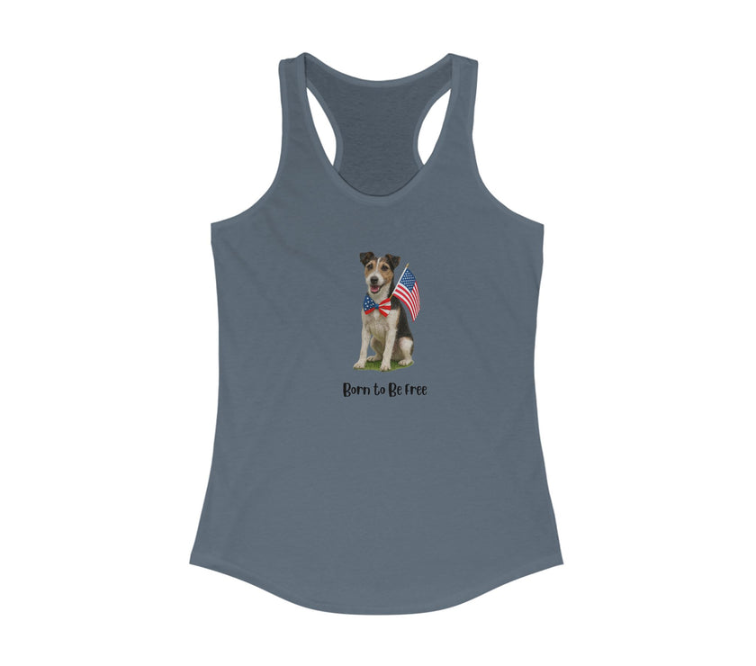 Indio tank top with a dog graphic and 'Born to be Free' text on a white background