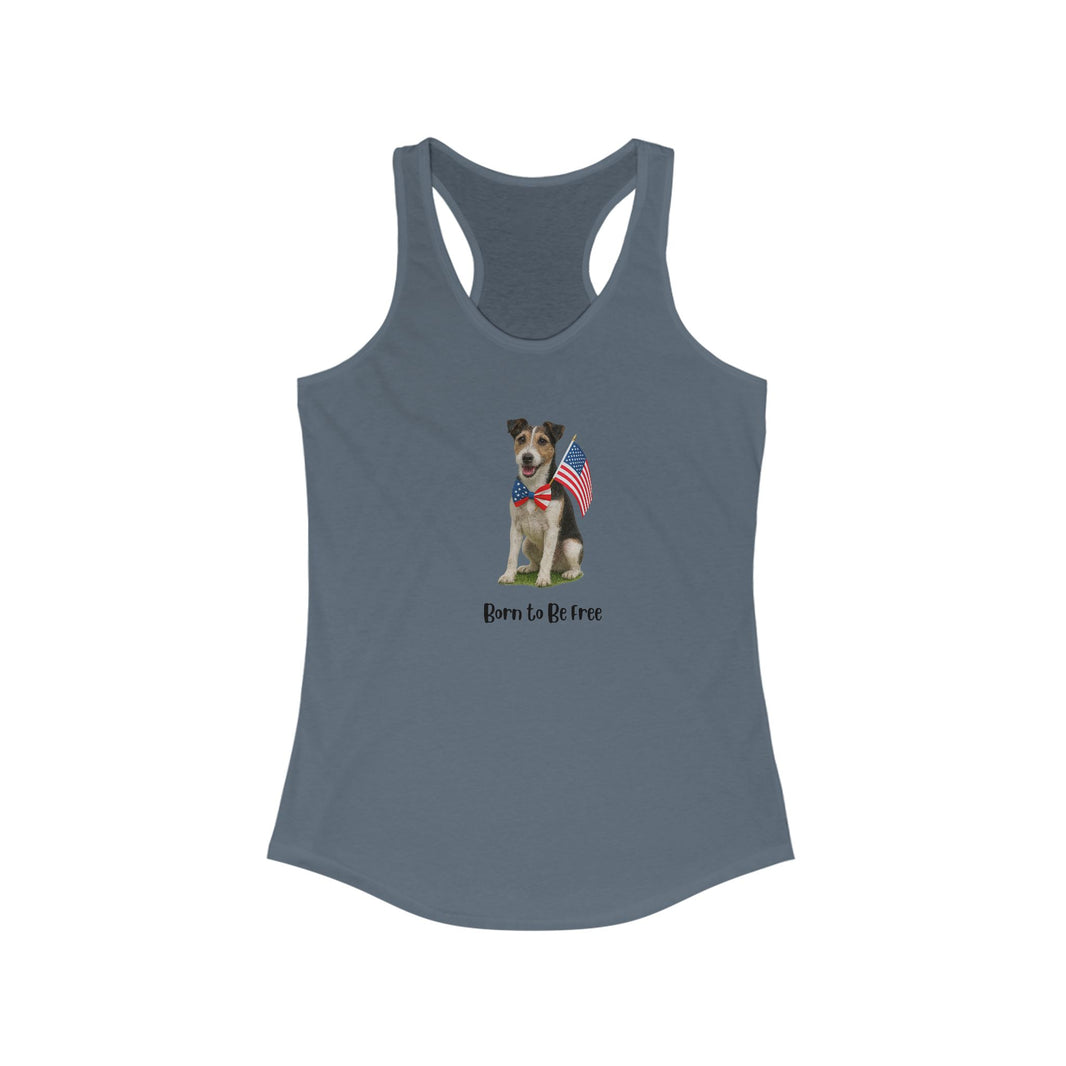 Indio tank top with a dog graphic and 'Born to be Free' text on a white background