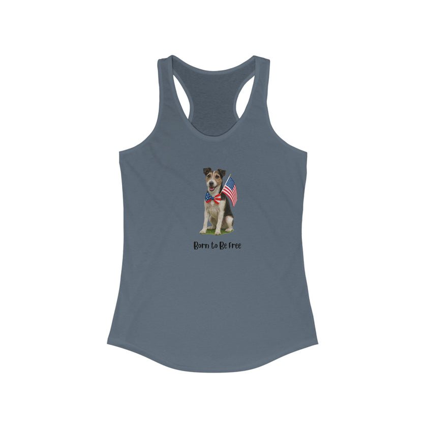 Indio tank top with a dog graphic and 'Born to be Free' text on a white background
