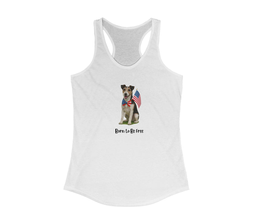 White tank top with a dog graphic and 'Born to be Free' text on a white background