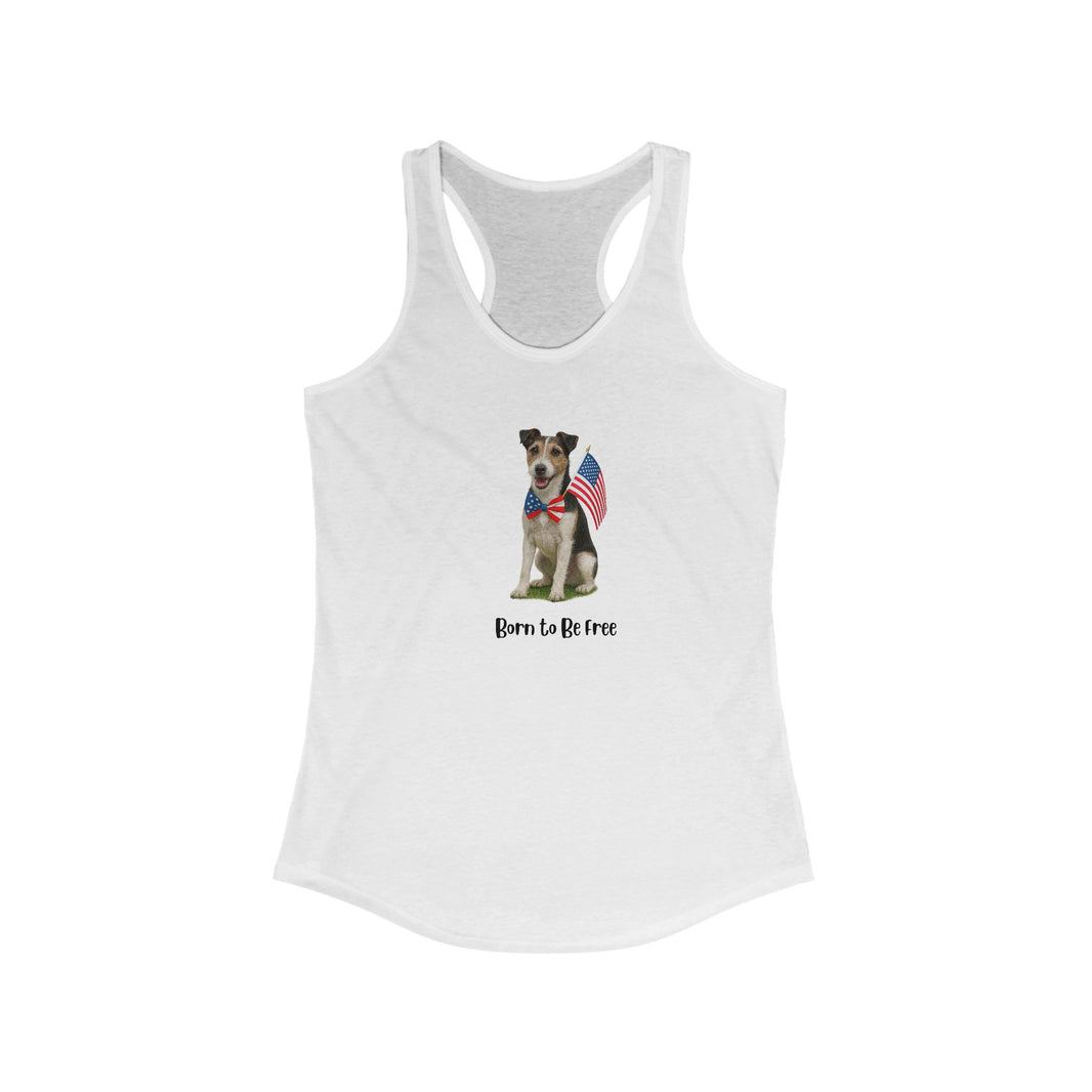 White tank top with a dog graphic and 'Born to be Free' text on a white background