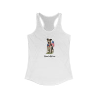 White tank top with a dog graphic and 'Born to be Free' text on a white background