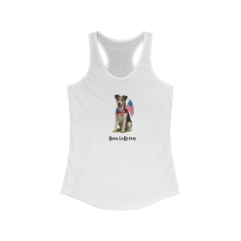 White tank top with a dog graphic and 'Born to be Free' text on a white background