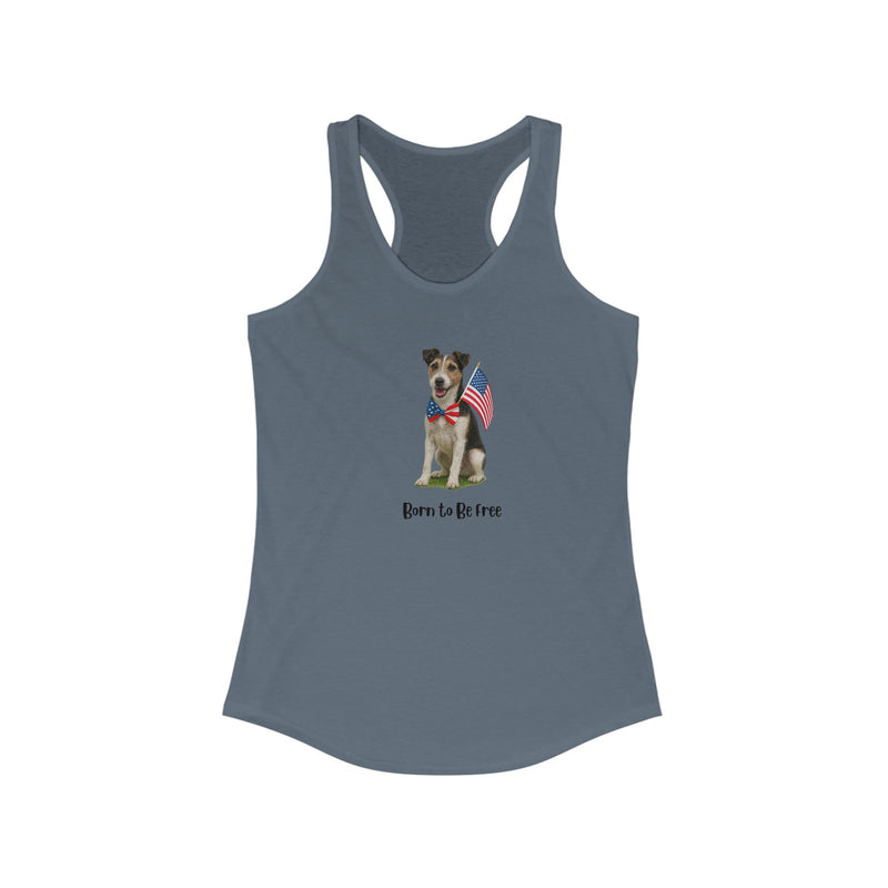 Indio tank top with a dog graphic and 'Born to be Free' text on a white background