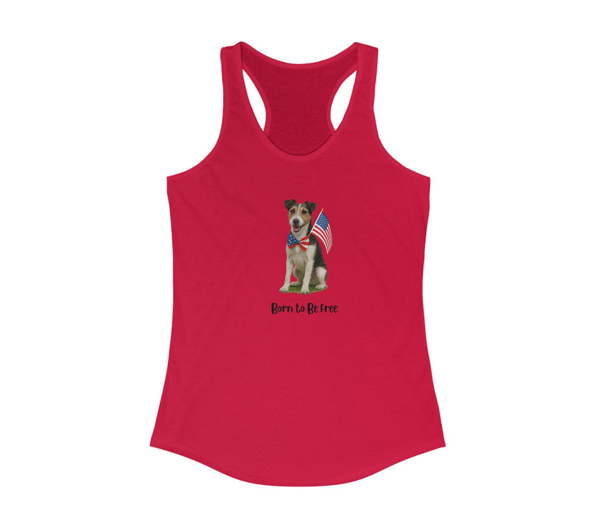 Red tank top with a dog graphic and 'Born to be Free' text on a white background