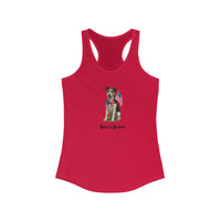 Red tank top with a dog graphic and 'Born to be Free' text on a white background