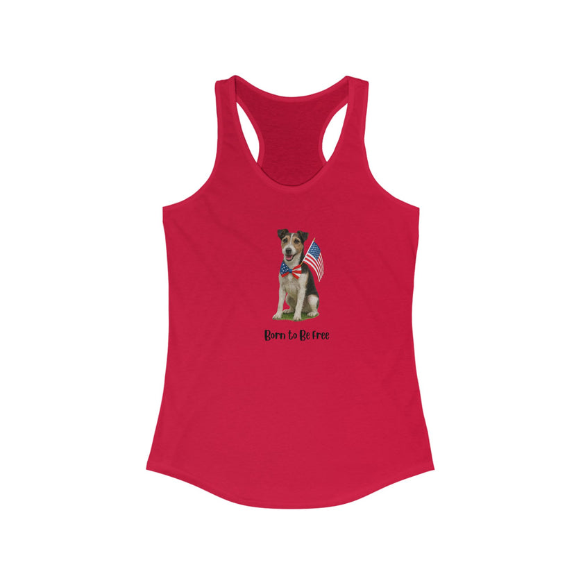 Red tank top with a dog graphic and 'Born to be Free' text on a white background