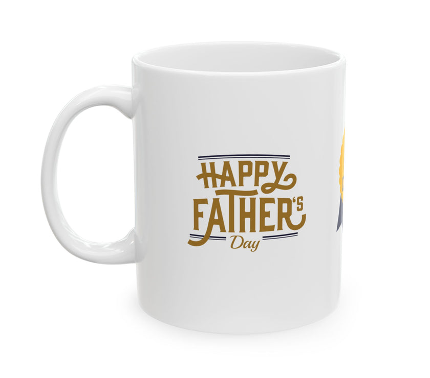 White ceramic mug featuring a #1 Dad ribbon and Happy Father’s Day message, ideal gift for Father’s Day celebrations."
