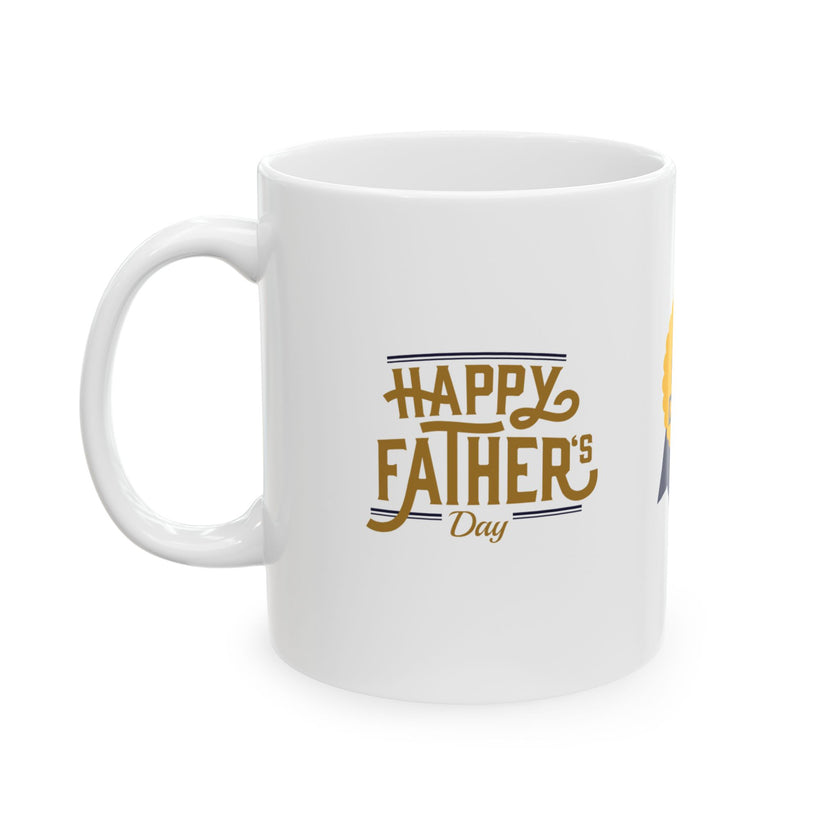 White ceramic mug featuring a #1 Dad ribbon and Happy Father’s Day message, ideal gift for Father’s Day celebrations."