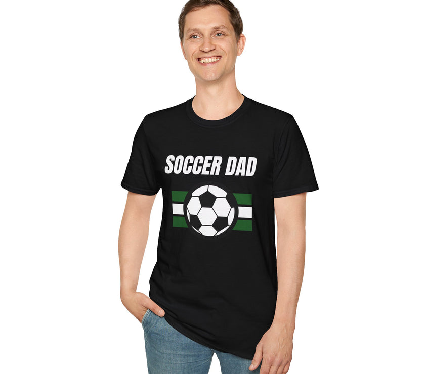 Man wearing a black t-shirt with 'Soccer Dad' and a soccer ball graphic on a white background