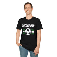 Man wearing a black t-shirt with 'Soccer Dad' and a soccer ball graphic on a white background