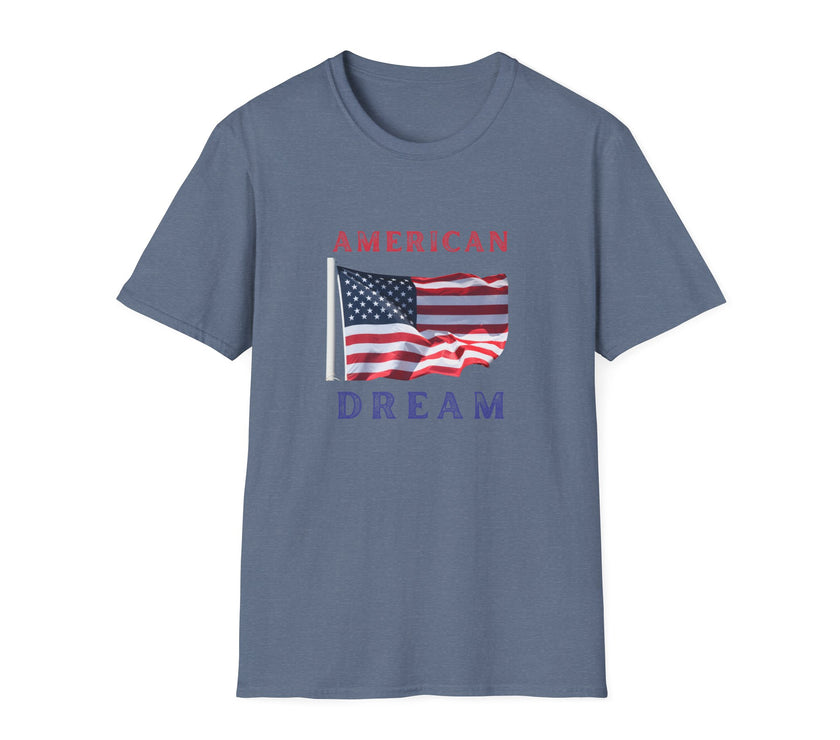 T-shirt featuring an American flag graphic with the words 'AMERICAN DREAM' in red and blue text above and below the flag