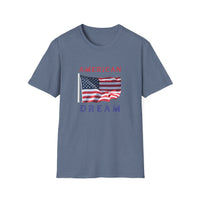 T-shirt featuring an American flag graphic with the words 'AMERICAN DREAM' in red and blue text above and below the flag