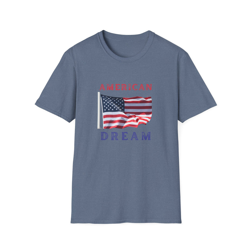 T-shirt featuring an American flag graphic with the words 'AMERICAN DREAM' in red and blue text above and below the flag