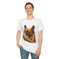 Person wearing a white t-shirt with a dog graphic on a white background