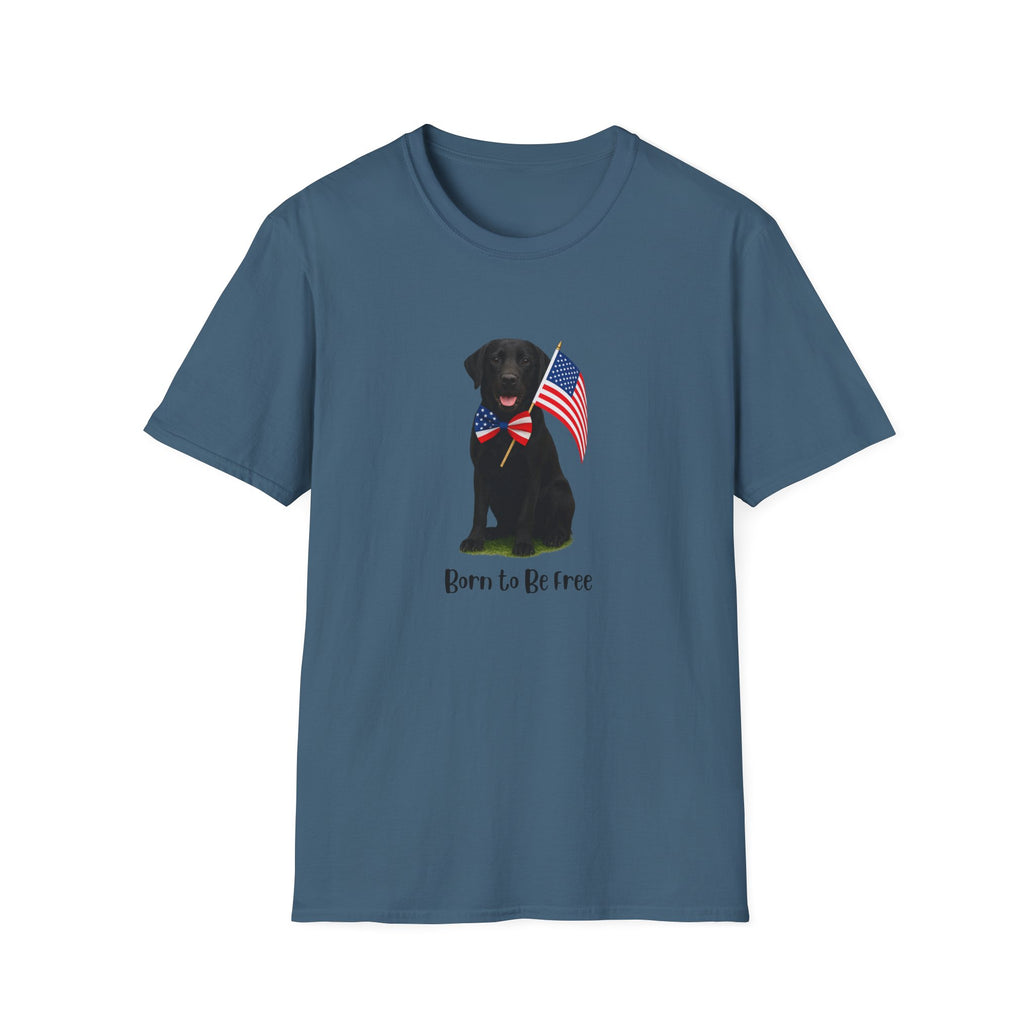 Indigo Blue t-shirt featuring a patriotic German Shepherd wearing an American flag bowtie and holding U.S. flags, with the Black Labphrase "Born to Be Free" printed below — perfect for dog lovers and patriotic Americans.