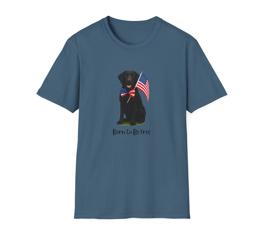 Indigo Blue t-shirt featuring a patriotic German Shepherd wearing an American flag bowtie and holding U.S. flags, with the Black Labphrase "Born to Be Free" printed below — perfect for dog lovers and patriotic Americans.