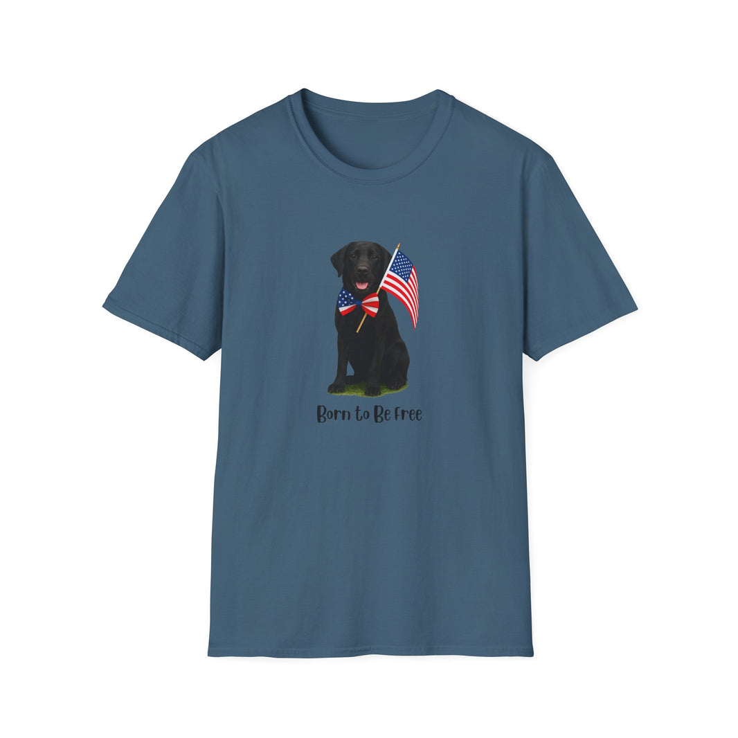 Indigo Blue t-shirt featuring a patriotic German Shepherd wearing an American flag bowtie and holding U.S. flags, with the Black Labphrase "Born to Be Free" printed below — perfect for dog lovers and patriotic Americans.