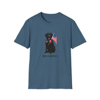 Indigo Blue t-shirt featuring a patriotic German Shepherd wearing an American flag bowtie and holding U.S. flags, with the Black Labphrase "Born to Be Free" printed below — perfect for dog lovers and patriotic Americans.