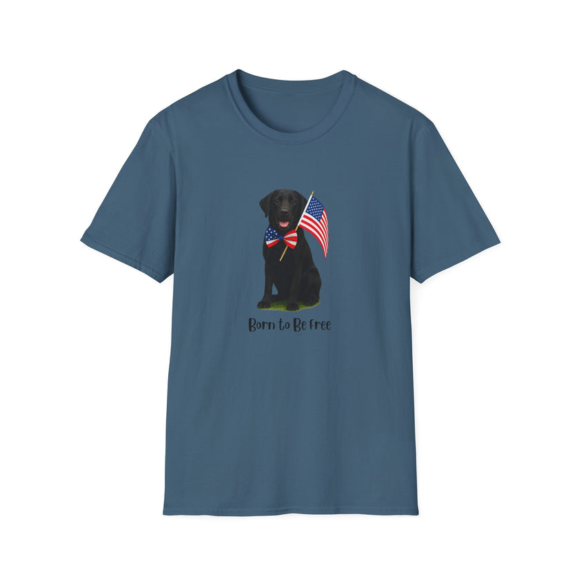 Indigo Blue t-shirt featuring a patriotic German Shepherd wearing an American flag bowtie and holding U.S. flags, with the Black Labphrase "Born to Be Free" printed below — perfect for dog lovers and patriotic Americans.