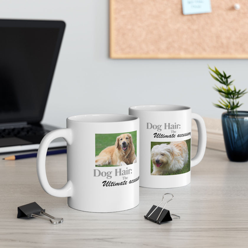 White ceramic mug featuring a photo of dogs lying on grass, with the humorous quote "Dog Hair: The Ultimate Accessory" printed below the image.