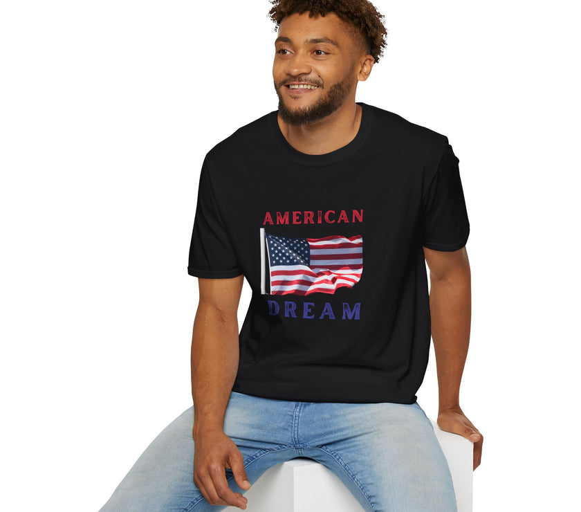 Male wearing T-shirt featuring an American flag graphic with the words 'AMERICAN DREAM' in red and blue text above and below the flag