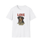 White t-shirt with a dog graphic and text on a white background