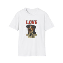White t-shirt with a dog graphic and text on a white background
