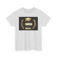 Light gray or white unisex T-shirt featuring a bold "Class of 2025 Graduates" design in gold, with a graduation cap, laurel wreath, and diploma printed on the front