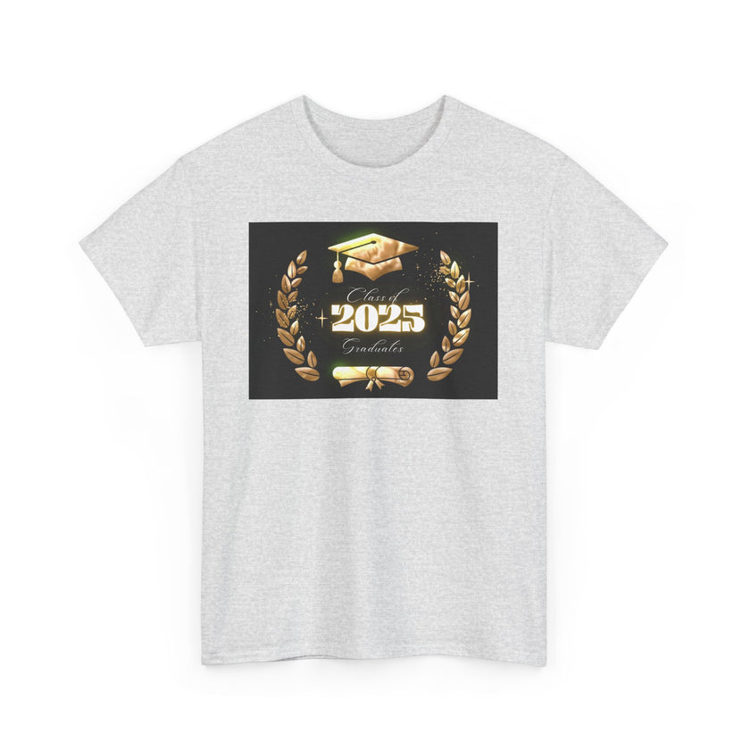Light gray or white unisex T-shirt featuring a bold "Class of 2025 Graduates" design in gold, with a graduation cap, laurel wreath, and diploma printed on the front