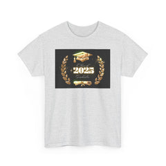Light gray or white unisex T-shirt featuring a bold "Class of 2025 Graduates" design in gold, with a graduation cap, laurel wreath, and diploma printed on the front