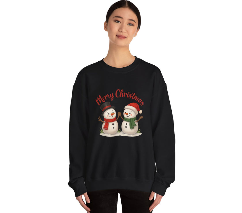 Black sweatshirt with snowmen design and 'Merry Christmas' text on a white background