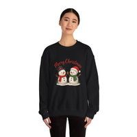 Black sweatshirt with snowmen design and 'Merry Christmas' text on a white background