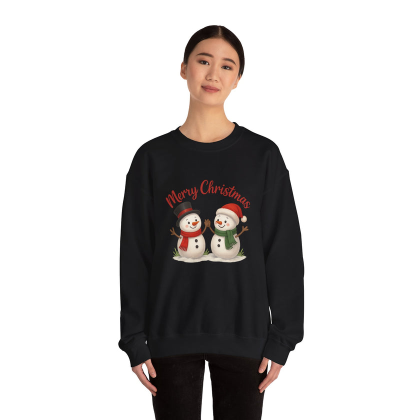 Black sweatshirt with snowmen design and 'Merry Christmas' text on a white background