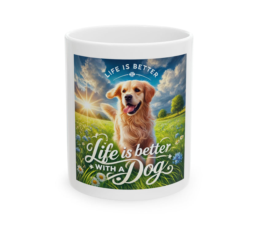 Life is Better With a Dog Ceramic Mug – Cute Dog in Meadow Coffee Cup