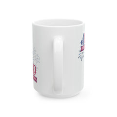 White ceramic mug with colorful #1 Dad and Happy Father’s Day message, accented with fireworks graphics, perfect for celebrating dads.