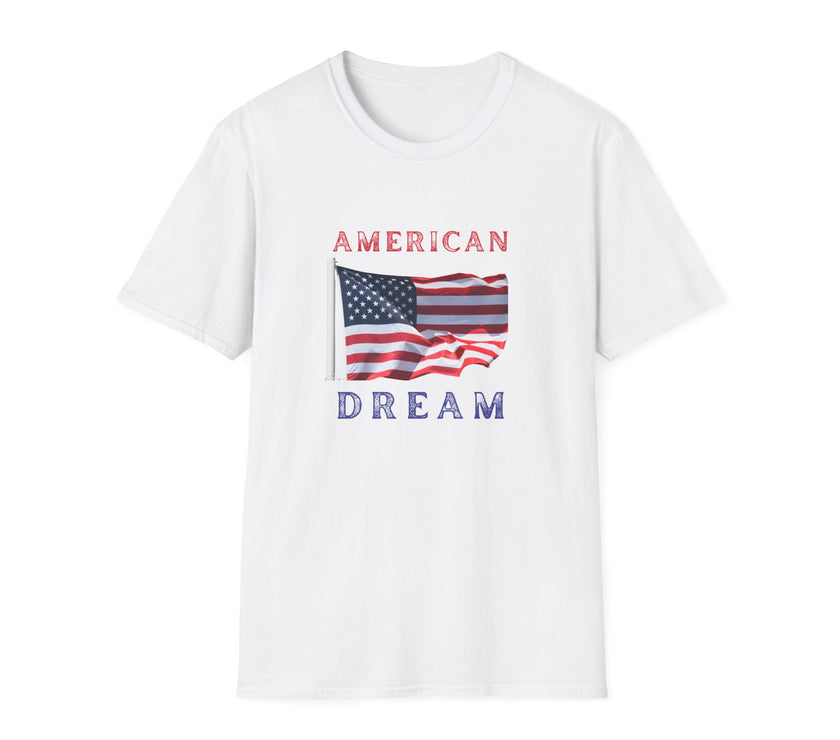 T-shirt featuring an American flag graphic with the words 'AMERICAN DREAM' in red and blue text above and below the flag